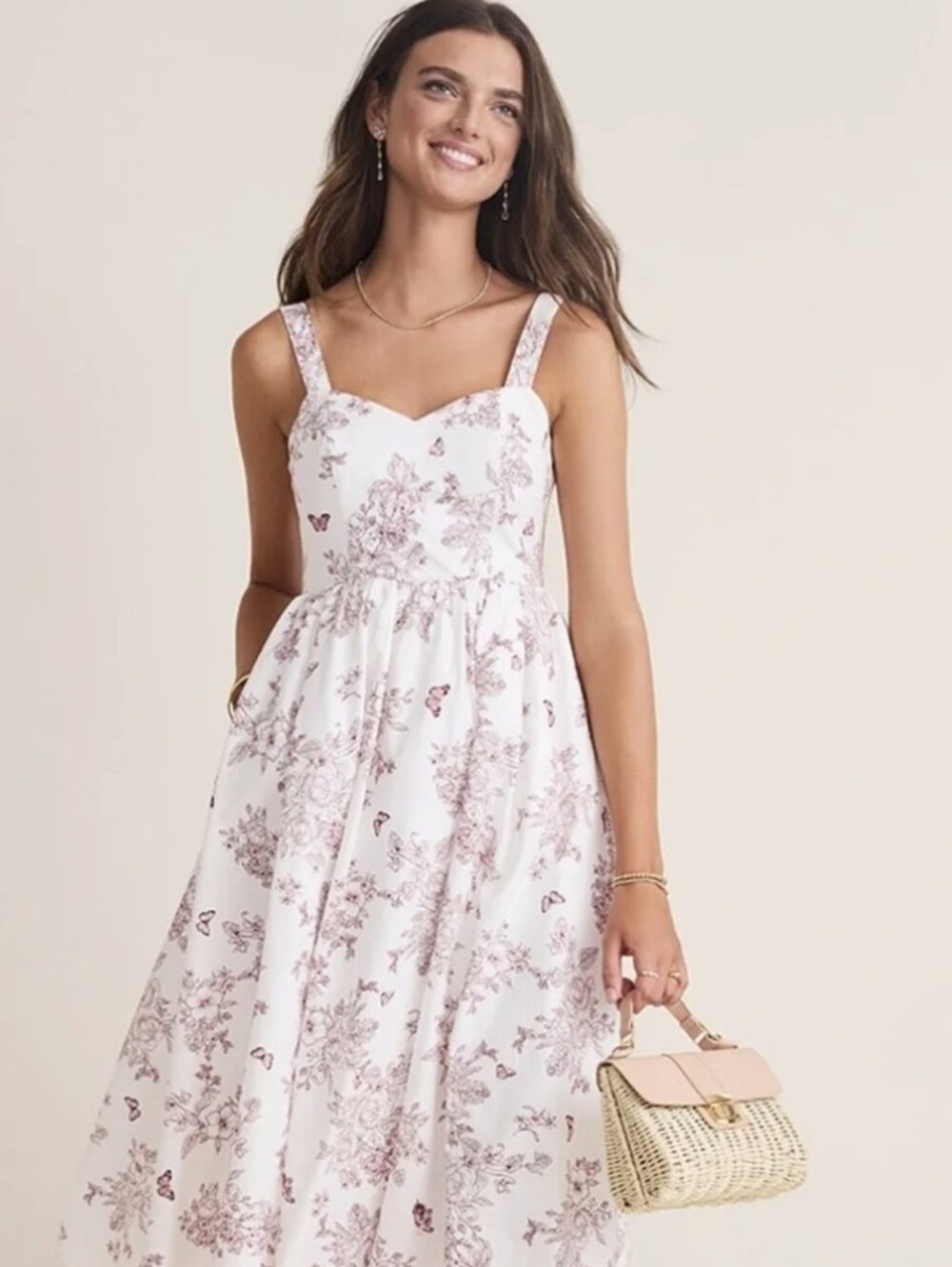 White and Burgundy Toile/Cottagecore Floral Print Midi Dress
